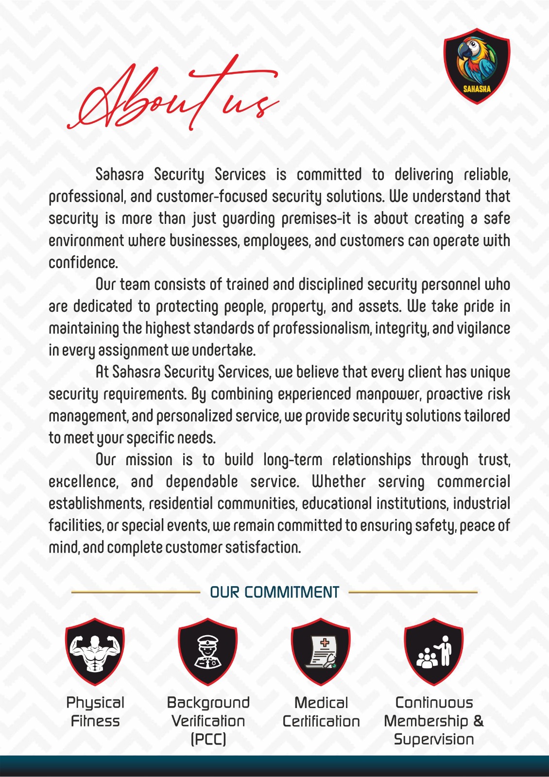 Sahasra About Us brand sheet