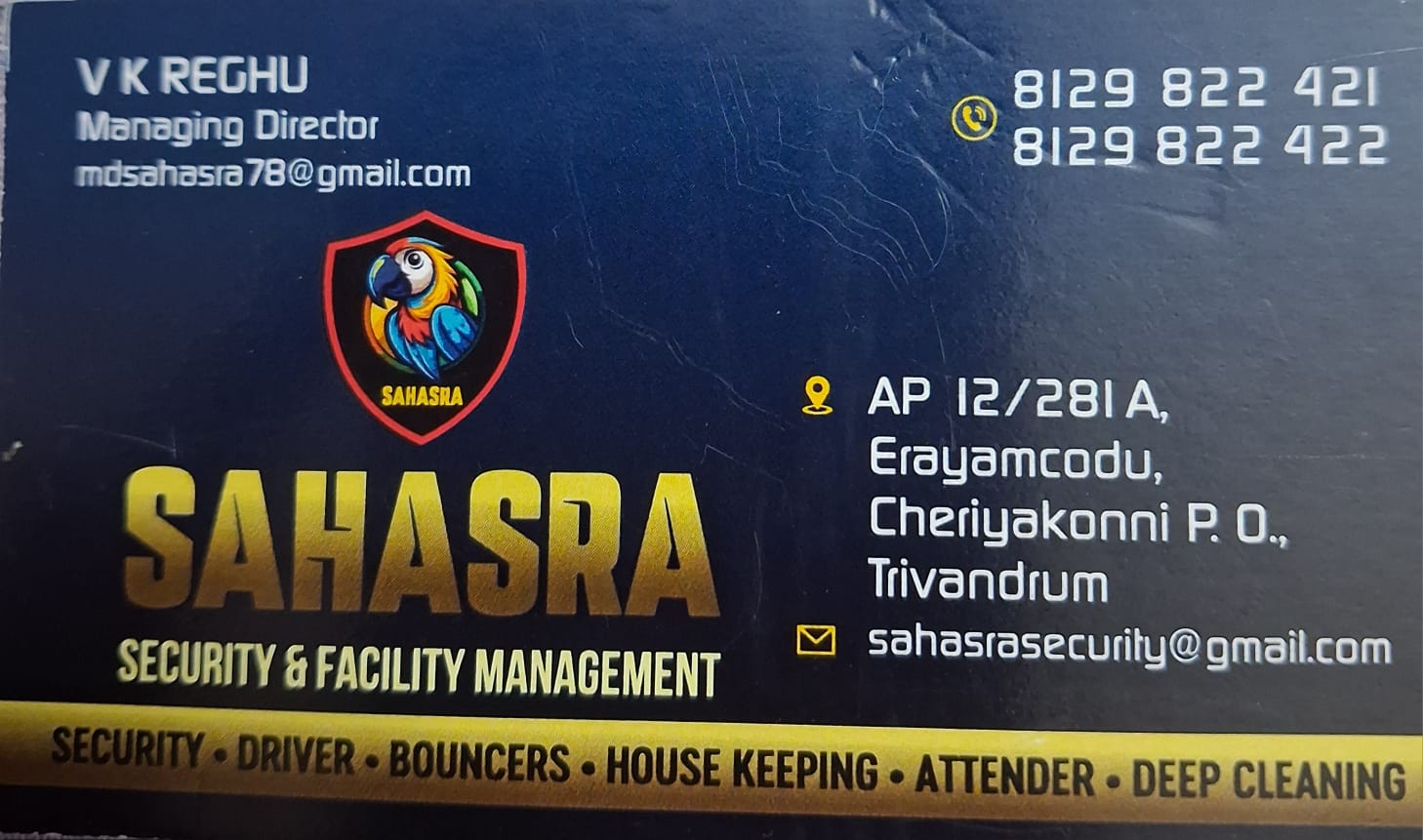 Sahasra business card — V K Reghu, Managing Partner